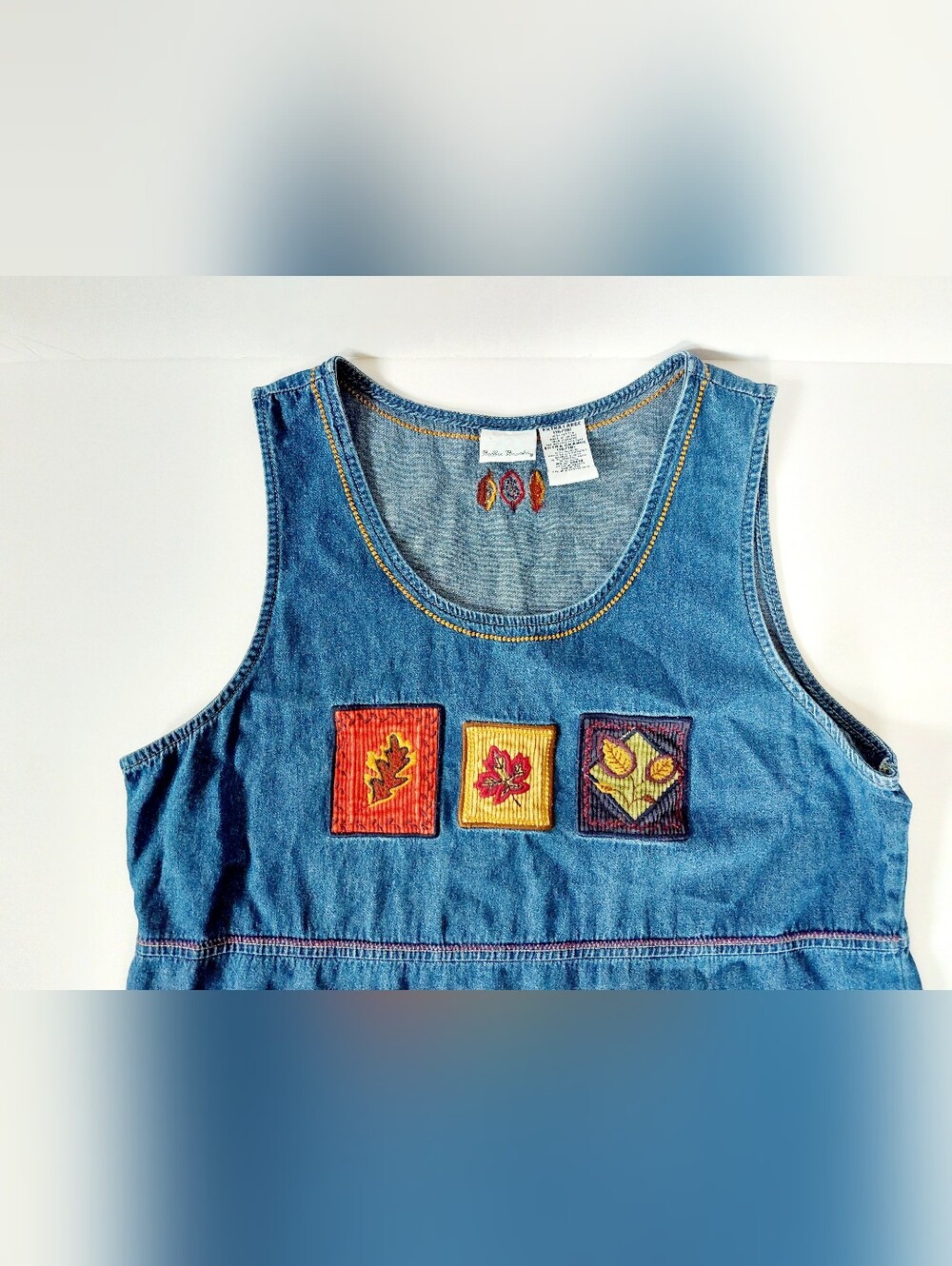 Autumn Leaf Patchwork Denim Jumper Dress XL 90s Fall Cottagecore Granny Teacher